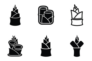 Set of black vector bamboo shoot icons and vegetable silhouettes for asian food design.