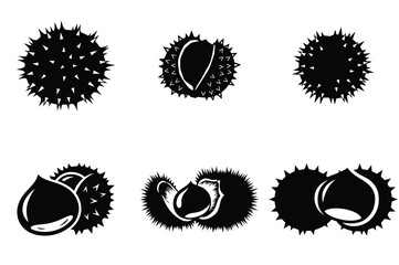 Set of black vector chestnut silhouettes with spiky shells and nuts for autumn nature design.