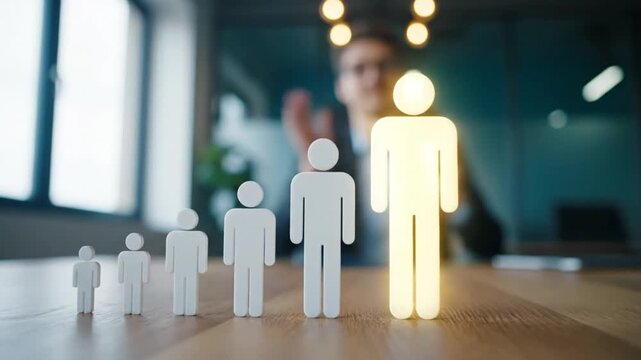 Hand selecting and illuminating a leader among a row of human figures to represent recruitment and talent growth