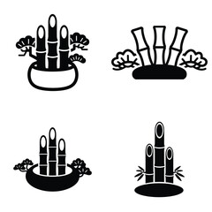 Traditional Japanese New Year Kadomatsu bamboo and pine decoration vector icon set.