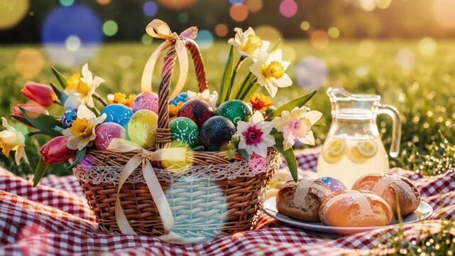A vibrant Easter picnic scene with a basket of colorful eggs and flowers, lemonade, and hot cross buns on a checkered blanket in sunny grass.