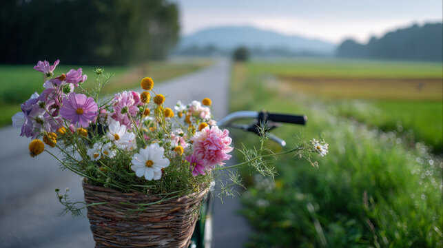 Pastel flowers in woven basket on bicycle handlebar, dewy morning countryside road