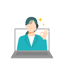 ヘッドセットをしたスーツの女性がノートパソコンから出てきてオッケーサインをするイラスト。オンライン対応サービス。