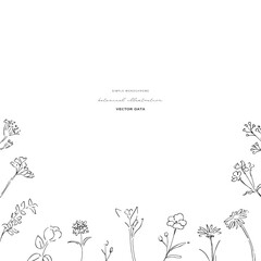 植物の線画イラスト。植物のベクターイラスト背景。葉っぱと花の背景フレーム。
Botanical line art illustration. Botanical vector illustration background. Leaves and flowers background frame.