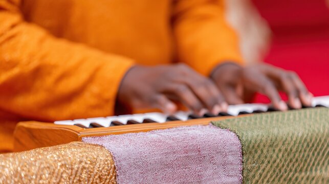 Hands playing a harmonium keyboard close up during a traditional music performance at a spiritual event or religious festival, featuring orange attire and soft bokeh