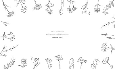 植物の線画イラスト。植物のベクターイラスト背景。葉っぱと花の背景フレーム。
Botanical line art illustration. Botanical vector illustration background. Leaves and flowers background frame.