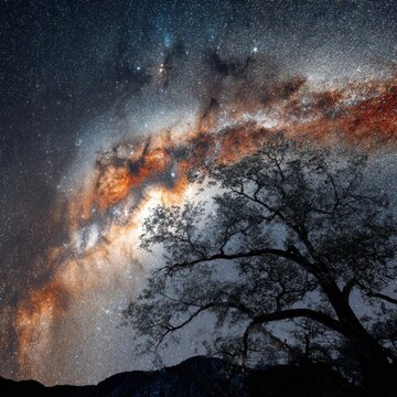 Milky Way galaxy arching over a silhouetted old tree in a starry night sky for astronomical branding and nature book cover background with copia space