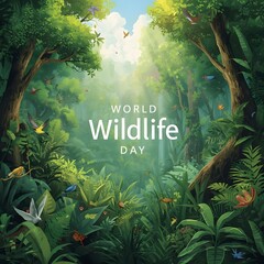 Obraz premium Lush jungle scene with diverse wildlife and vibrant greenery celebrating world wildlife day