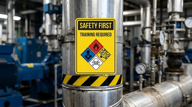 Safety first training required sign attached to industrial pipe with hazard symbols warning of danger in chemical plant workplace, emphasizing safety protocols