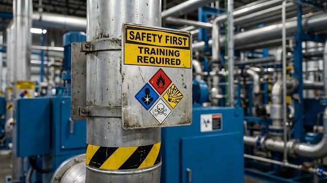 Safety first training required sign attached to industrial pipe with hazard symbols warning of danger in chemical plant workplace, emphasizing safety protocols