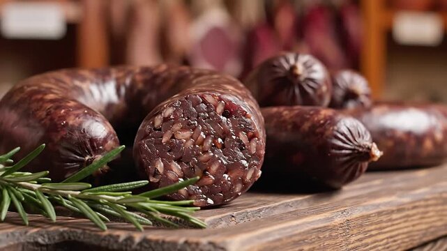 Close-up of traditional blood sausage with rice filling on wooden board, garnished with rosemary
