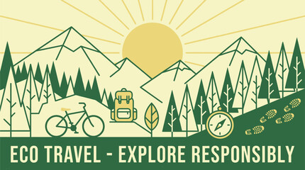 Flat vector illustration with eco travel theme featuring mountains, forest, bicycle, backpack, and compass. Ideal for sustainable tourism and environmental concepts. © Bagus