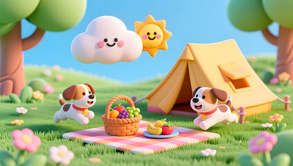 Obraz premium 3D clay style spring camping scene with a running dog