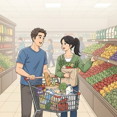 Couple selects fresh produce while pushing a full shopping cart through store aisles