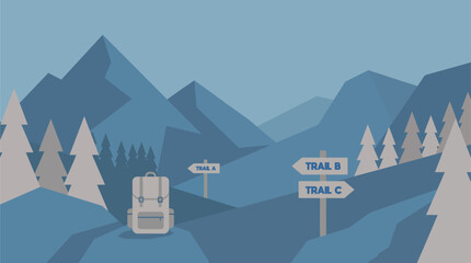 Flat vector illustration of a hiking trail with direction signs, backpack, mountains, and pine forest. Ideal for outdoor adventure, trekking, and travel concepts. © Bagus