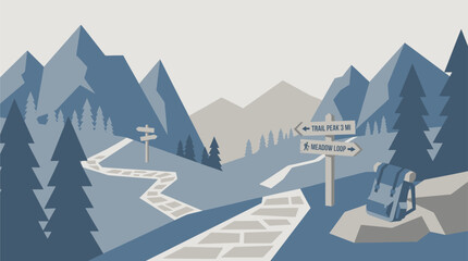 Flat vector illustration of a hiking trail with direction signs, backpack, mountains, and pine forest. Ideal for outdoor adventure, trekking, and travel concepts. © Bagus