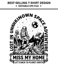 Fototapeta premium Astronaut standing t-shirt design on rocky surface with mountains and planet earth lost in space adventure with text isolated on transparent background