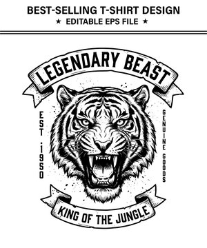 Legendary tiger head   t-shirt design with open mouth and text legendary beast king of the jungle on ribbons isolated on transparent background