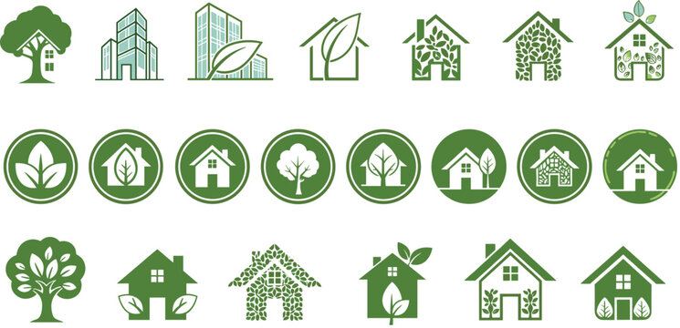 Green Eco Friendly House and Sustainable Building Icon Set Featuring Nature Leaf House Tree Home Ecology Energy Efficiency and Environmental Architecture Symbols for Graphic Design