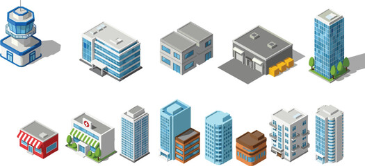 Fototapeta premium Isometric Vector City Buildings Set Featuring Modern Office Skyscrapers Hospital Warehouse Retail Shop and Control Tower Icons Isolated on White Background for Urban Planning Design