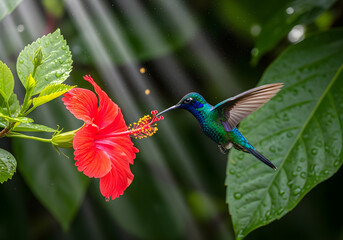 Obraz premium Vibrant Hummingbird Sucking Nectar from a Red Tropical Hibiscus Flower in Sunlight
