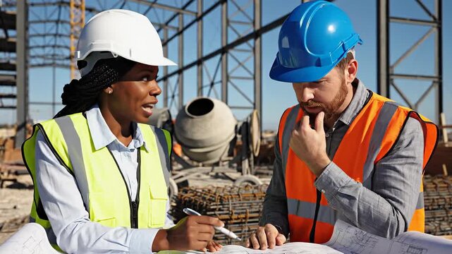 Construction workers reviewing blueprints on site, discussing project plans and strategy.