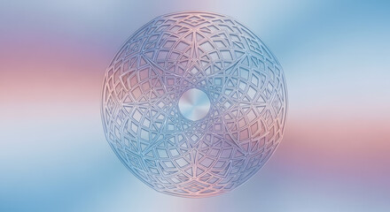 A mesmerizing sphere with intricate geometric patterns in soft blue and pink hues, set against a blurred gradient background.