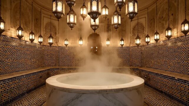 Moroccan Hammam Spa Hot Tub Steaming Under Ornate Lanterns