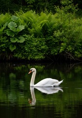 Elegant white bird glides serenely across dark water surrounded by lush green foliage.