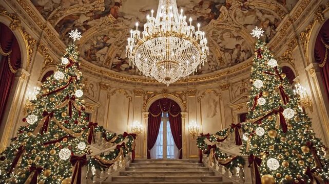 Festive Grand Staircase Adorned with Christmas Trees and Ornate Chandelier for Holiday Celebrations
