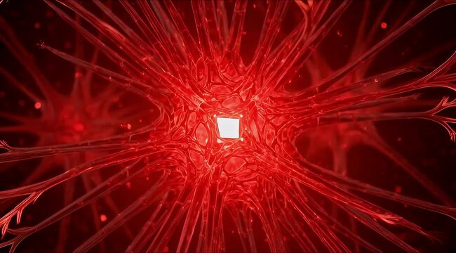 A vibrant red abstract network with a glowing white core, resembling intricate neural pathways or a complex energy system.