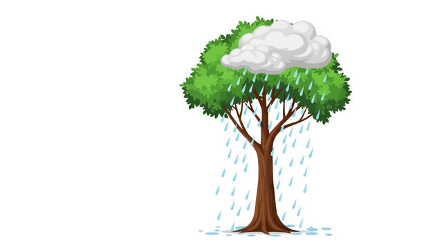 Cartoon tree with green foliage under a white rain cloud with blue raindrops falling