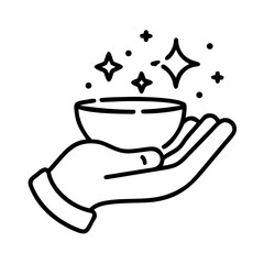 Minimalist line art icon of a cupped hand holding clean, magical sparkles.  © Fizza