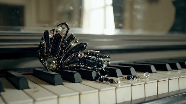 Gatsby Black Crystal Headband on Vintage Piano Keys