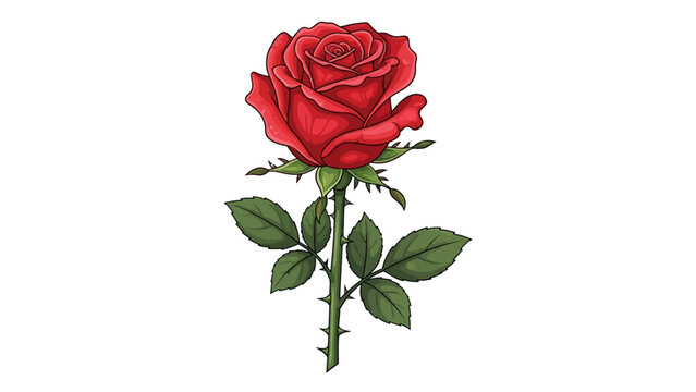 Detailed illustration of a single red rose on a thorny stem with green leaves