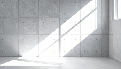 Fototapeta premium Bright sunlight illuminating modern concrete wall and floor creating abstract interior space with strong shadows natural light and minimalist atmosphere