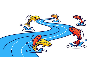 Fototapeta premium Fish swimming and jumping in a winding blue river illustration