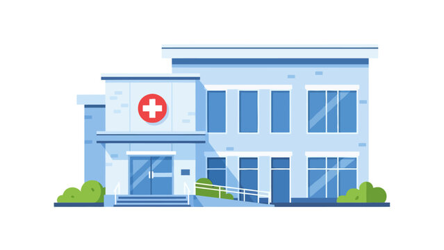 Flat illustration of a light blue hospital building with a red cross symbol