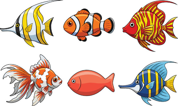 Vector collection of colorful tropical fish including clownfish and angelfish
