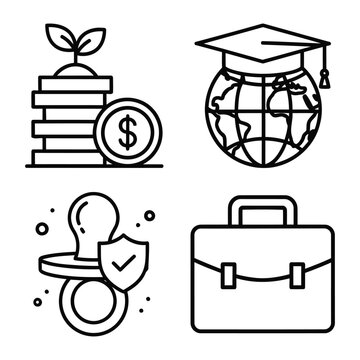 Finance and business icons: stacked coins, globe with cap, pacifier with shield, briefcase