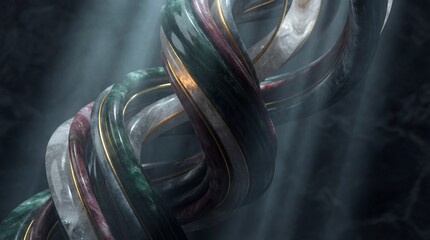 Abstract Sci-Fi Intertwined Metallic Helix with Ethereal Light Beams.