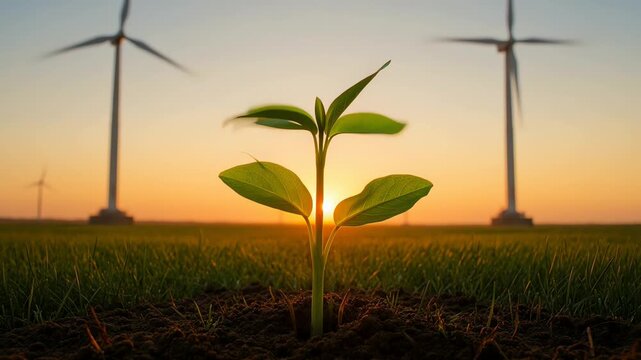 Seedling at sunrise framed by wind turbines symbolizing renewable energy.
