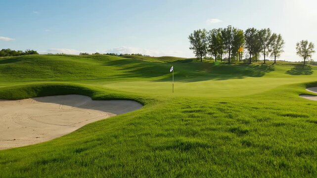 Serene evening pan over rolling golf green with bunkers.