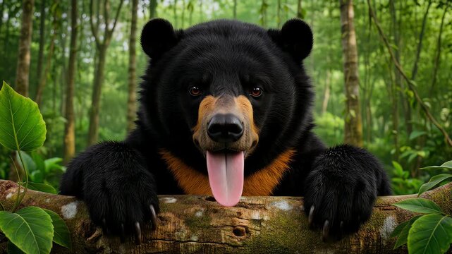 Sun bear shows long tongue on forest log closeup.