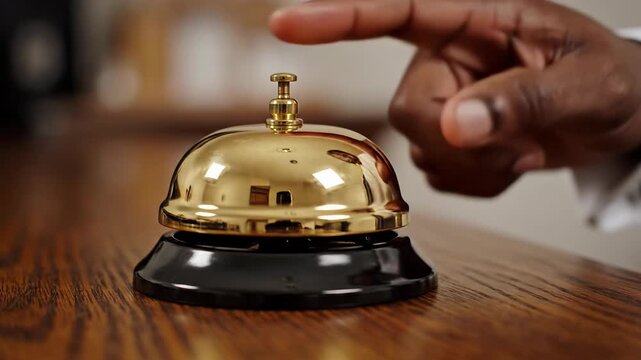 Customer rings bell for service at reception desk, close-up of hand pressing button