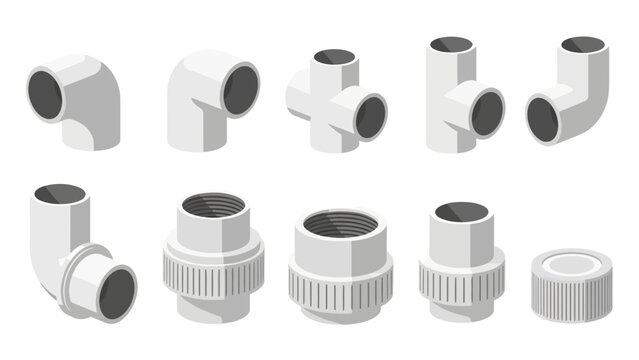 Isometric collection of white plastic pipe fittings against a white background
