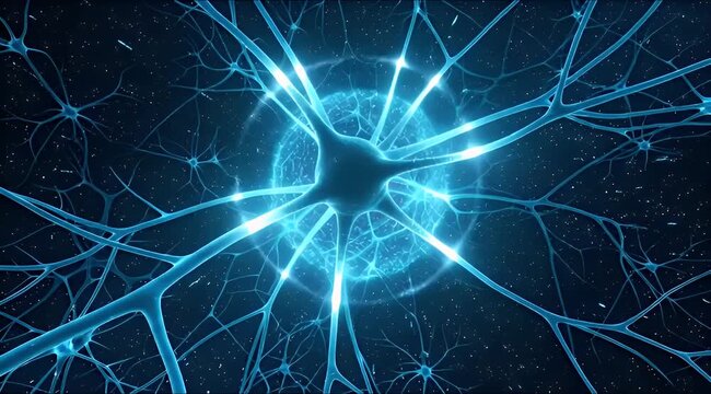 Vibrant blue glowing neuron cell with intricate network of dendrites and axon, representing neural activity and complex brain connections.