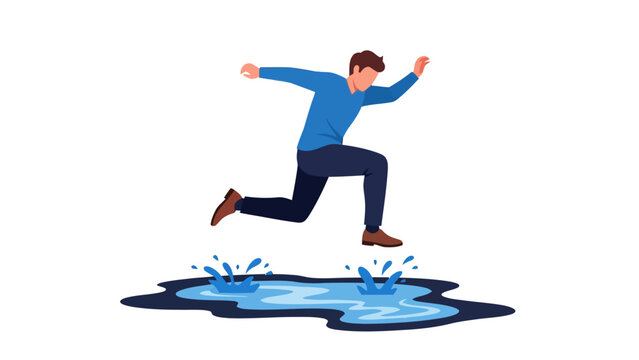 Man leaping over a puddle splashing water isolated on white background
