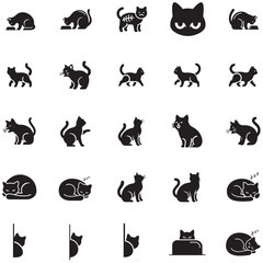 Fototapeta premium Collection of cat icons in various poses and actions, presented in black and white
