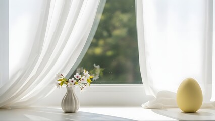 A serene and peaceful interior scene with a vase of flowers on a windowsill